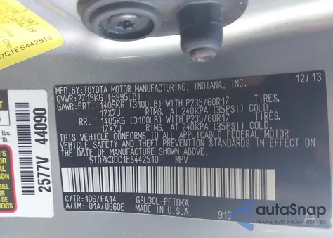 2014 Toyota Sienna L V6 7 Passenger из США, поврежденный, VIN 5TDZK3DC1ES442510